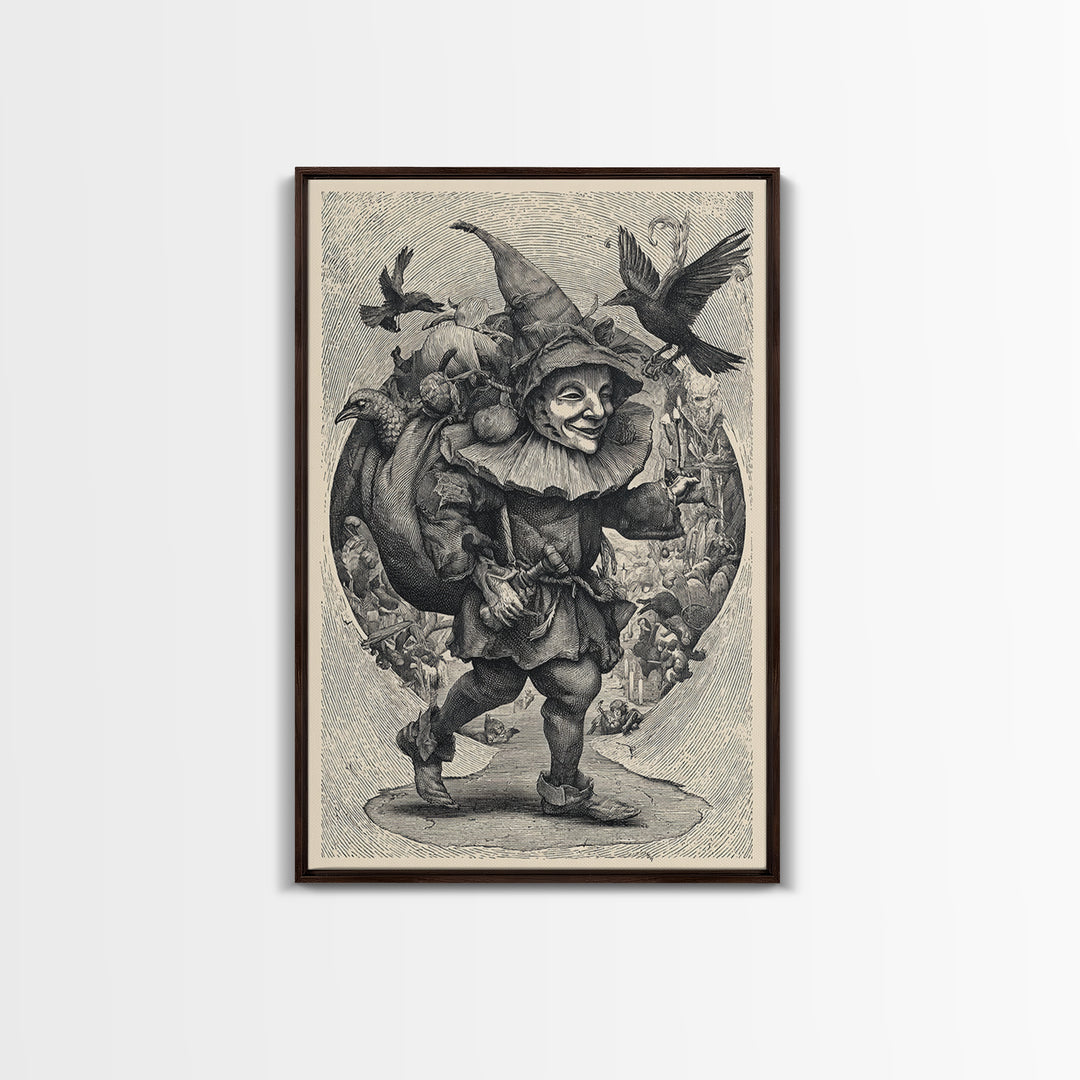 The Masked Candy Collector, Renaissance Engraving Art, Vertical Wall Art, Gothic Horror Wall Art, Framed Canvas Print, Halloween Wall Art