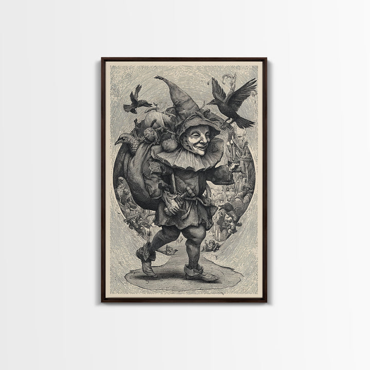 The Masked Candy Collector, Renaissance Engraving Art, Vertical Wall Art, Gothic Horror Wall Art, Framed Canvas Print, Halloween Wall Art