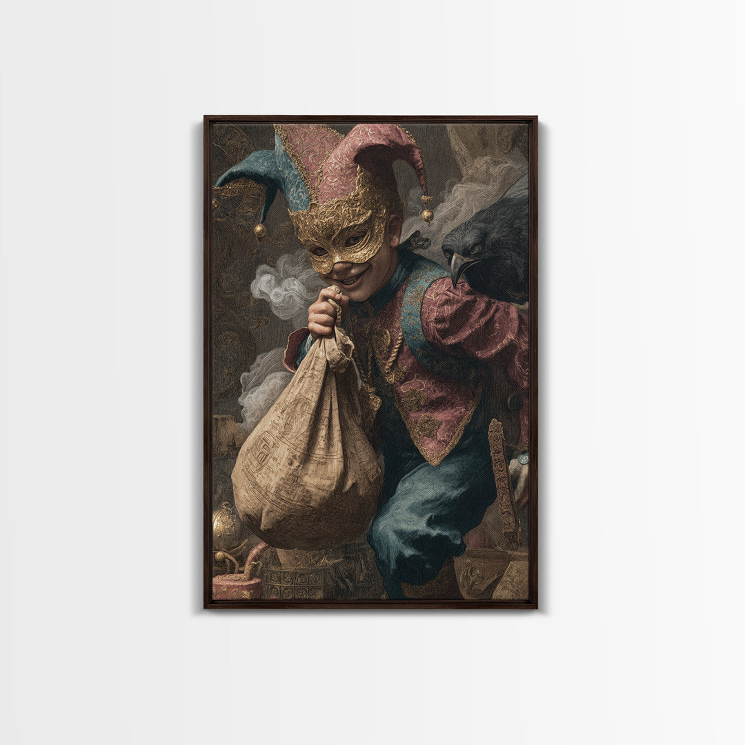 The Masked Candy Collector, Ornate Symbolist Art, Vertical Wall Art, Dark Fantasy Wall Art, Framed Canvas Print, Halloween Wall Art