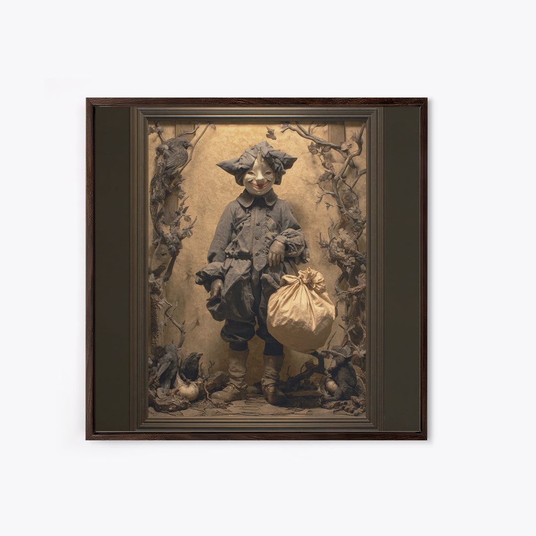 The Masked Candy Collector, Dark Symbolist Art, Square Wall Art, Dark Halloween Decor, Canvas Print, Halloween Wall Art