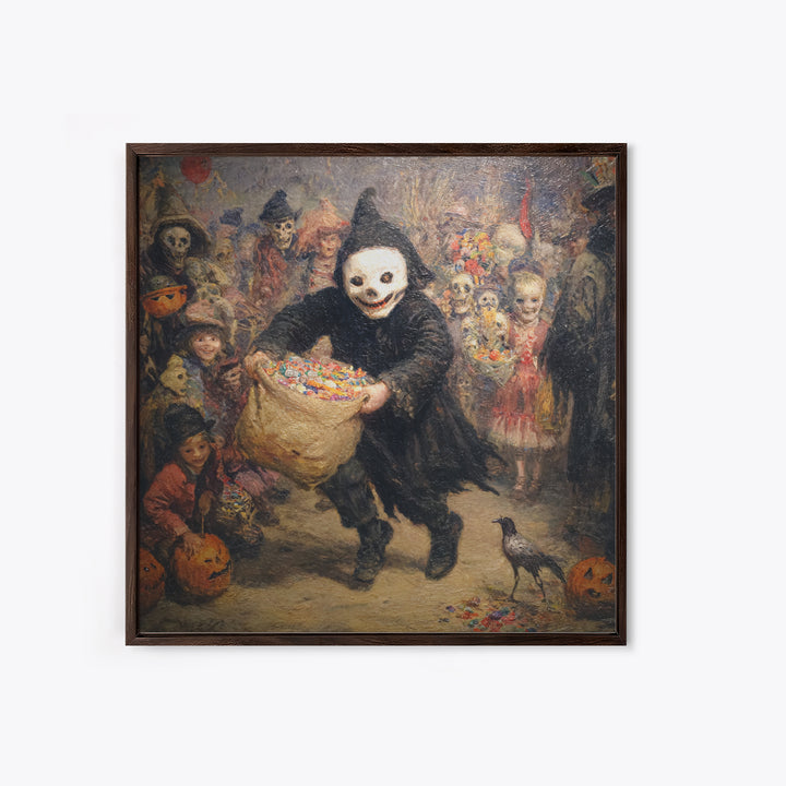 The Masked Candy Collector, Grotesque Carnival Art, Square Wall Art, Macabre Wall Art, Canvas Print, Halloween Wall Art, Dark Fantasy Art