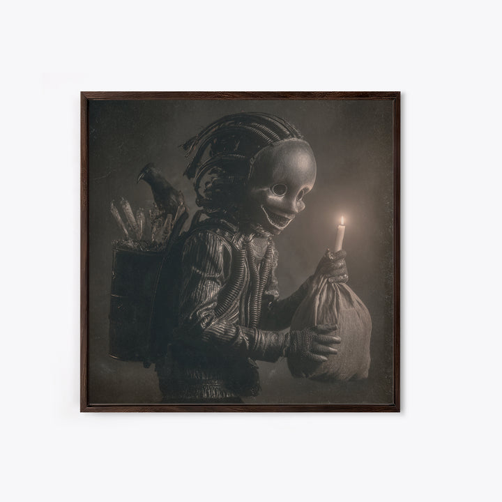 The Masked Candy Collector, Biomechanical Horror Art, Square Wall Art, Dark Halloween Decor, Framed Canvas Print, Halloween Wall Art