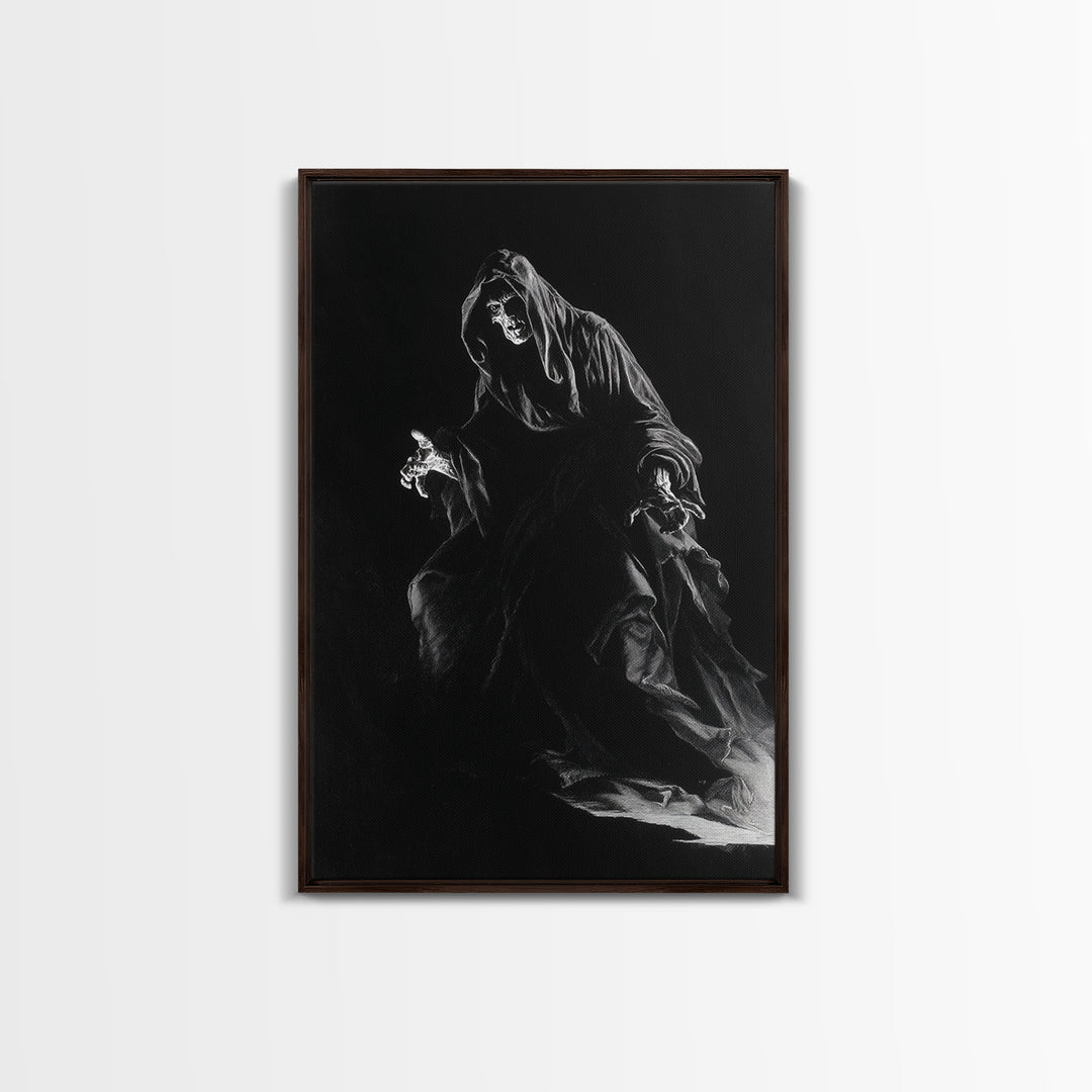 The Shadow Person, Baroque Witchcraft Art, Vertical Wall Art, Dark Halloween Decor, Framed Canvas Print, Halloween Wall Art