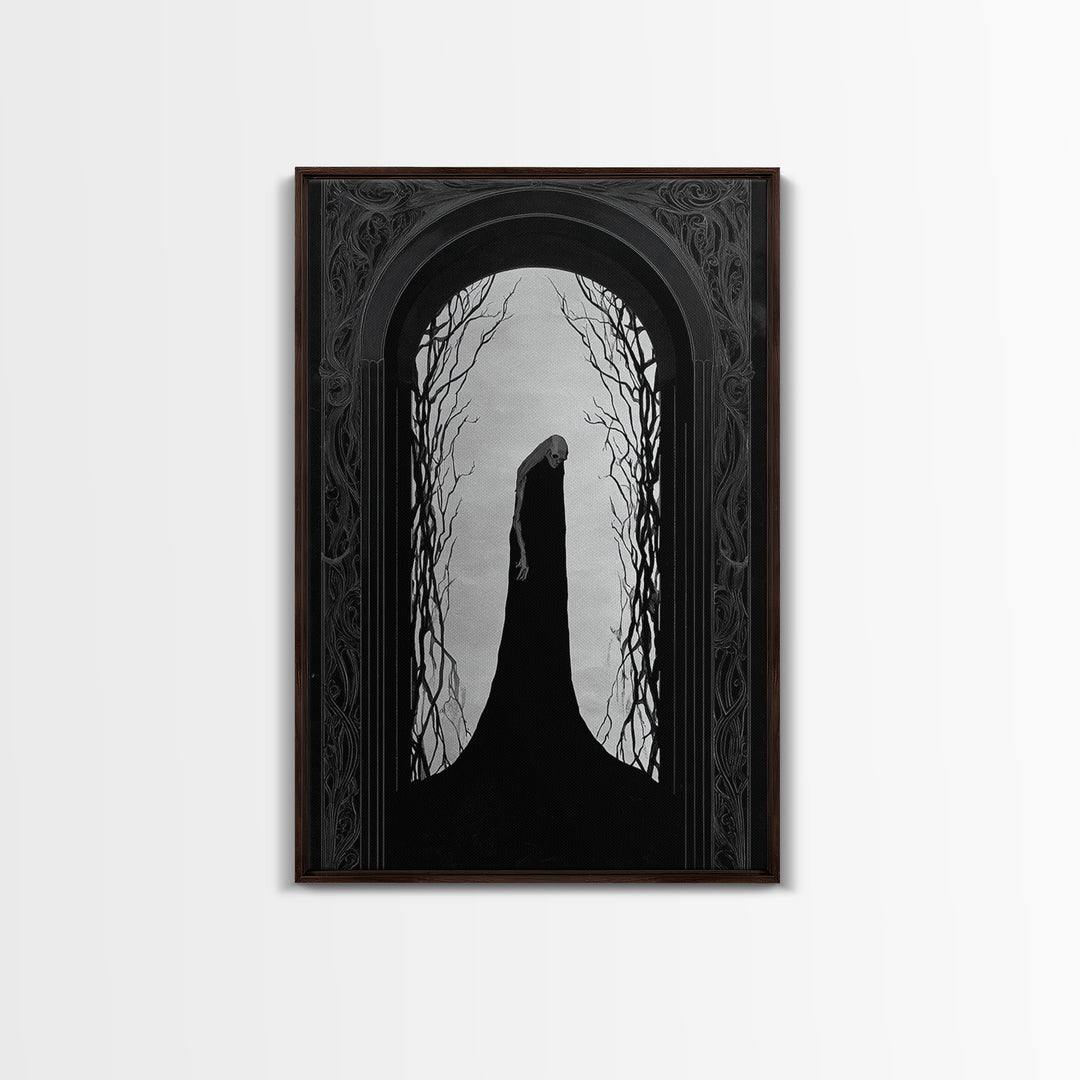 The Shadow Person, Decadent Line Art, Vertical Wall Art, Dark Halloween Decor, Framed Canvas Print, Halloween Wall Art