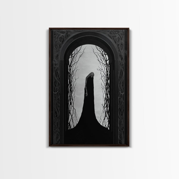 The Shadow Person, Decadent Line Art, Vertical Wall Art, Dark Halloween Decor, Framed Canvas Print, Halloween Wall Art
