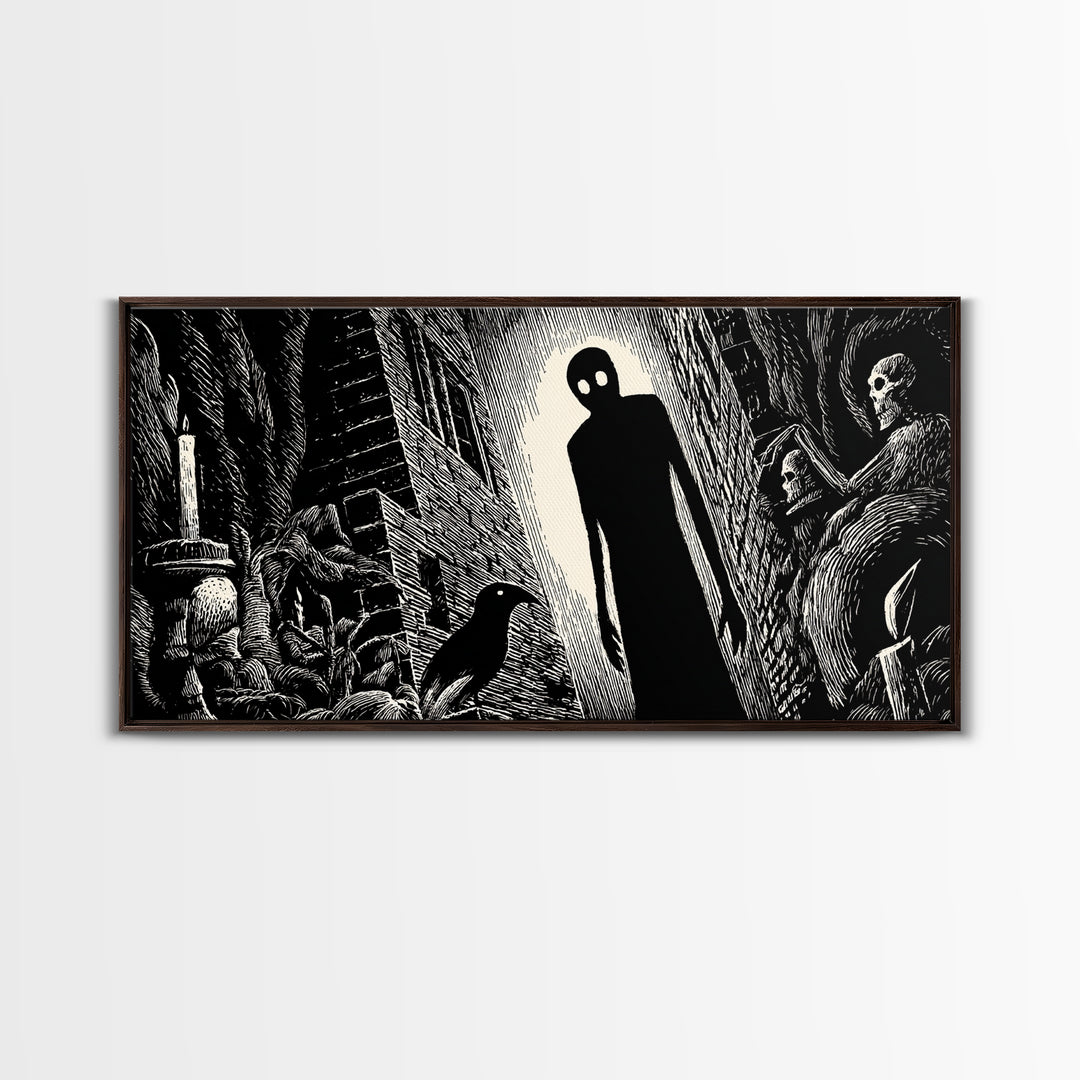 The Shadow Person, Macabre Folk Print Art, Wide Panoramic Art, Dark Halloween Decor, Canvas Print, Halloween Wall Art