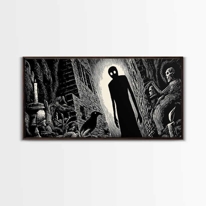 The Shadow Person, Macabre Folk Print Art, Wide Panoramic Art, Dark Halloween Decor, Canvas Print, Halloween Wall Art