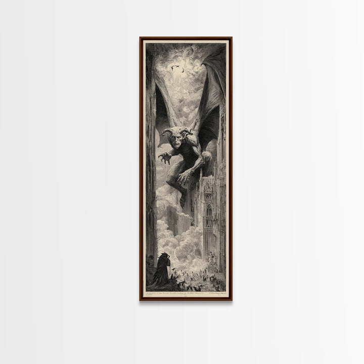 The Gargoyle Sentinel, Gothic Engraving Art, Tall Narrow Wall Art, Gothic Horror Wall Art, Framed Canvas Print, Halloween Wall Art