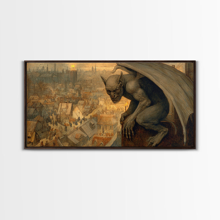 The Gargoyle Sentinel, Northern Renaissance Horror, Wide Panoramic Art, Gothic Horror Wall Art, Canvas Print, Halloween Wall Art