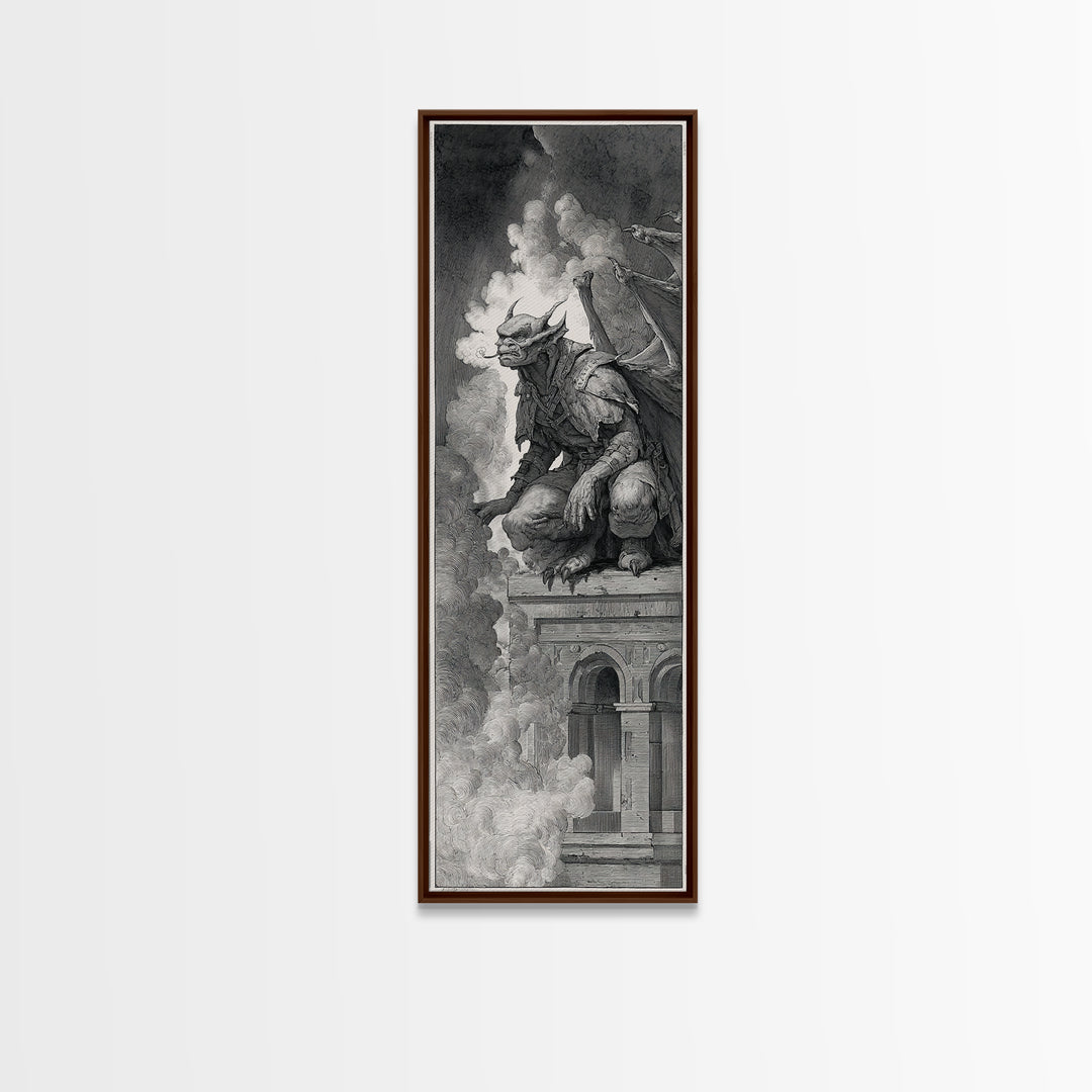 The Gargoyle Sentinel, Renaissance Engraving Art, Tall Narrow Wall Art, Dark Fantasy Wall Art, Canvas Print, Halloween Wall Art