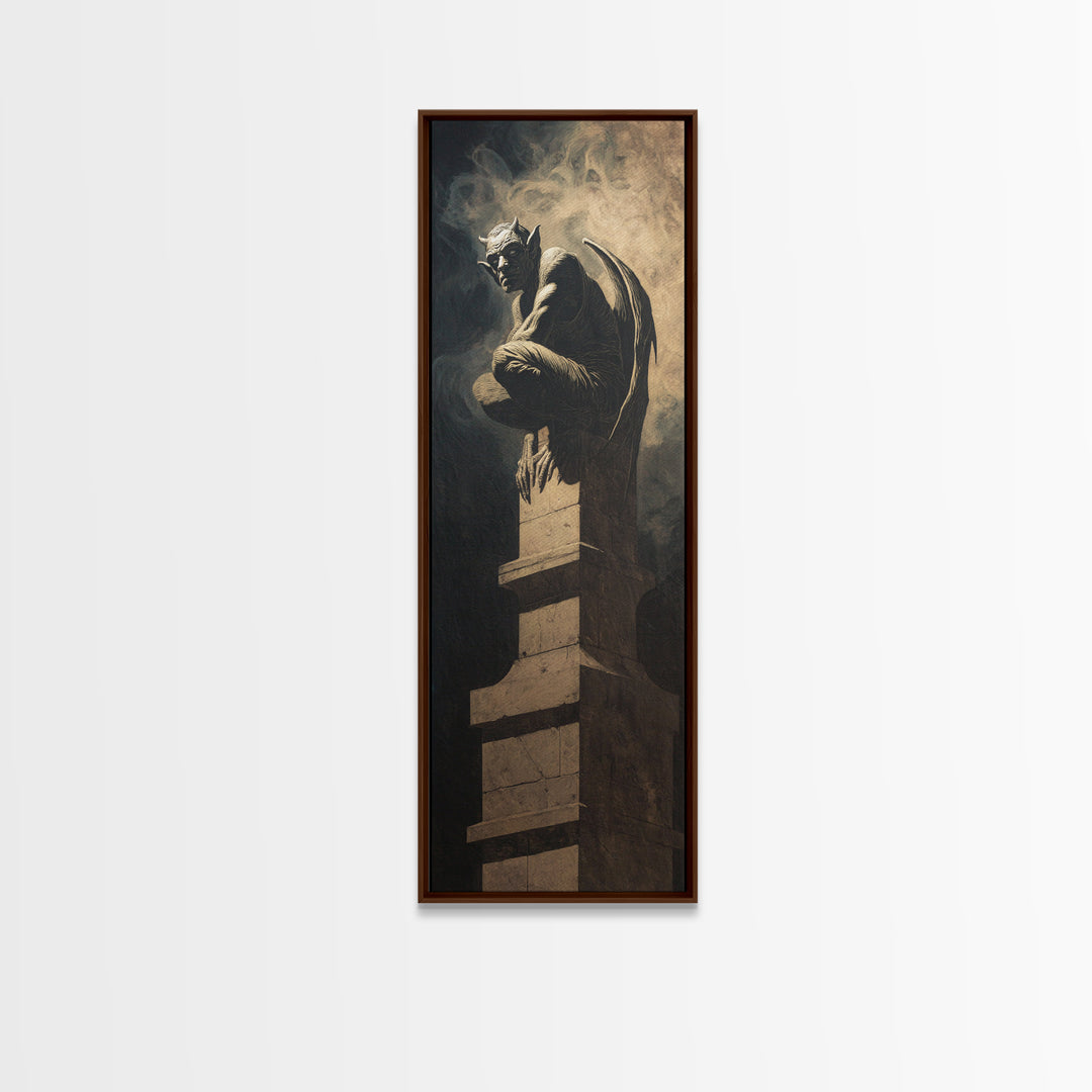 The Gargoyle Sentinel, Gothic Nightmare Art, Tall Narrow Wall Art, Macabre Wall Art, Framed Canvas Print, Halloween Wall Art