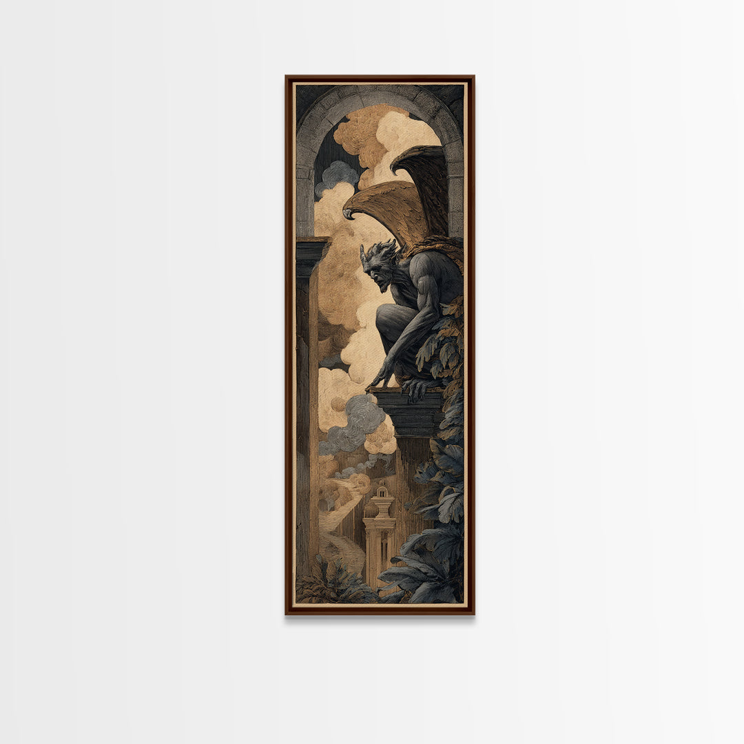 The Gargoyle Sentinel, Visionary Gothic Art, Tall Narrow Wall Art, Gothic Horror Wall Art, Canvas Print, Halloween Wall Art