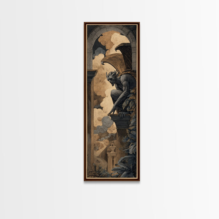 The Gargoyle Sentinel, Visionary Gothic Art, Tall Narrow Wall Art, Gothic Horror Wall Art, Canvas Print, Halloween Wall Art