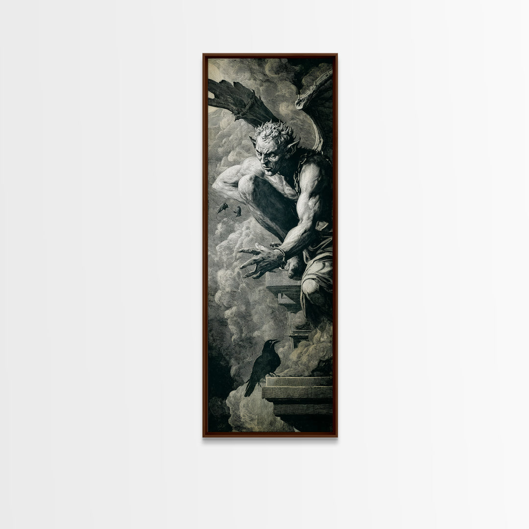 The Gargoyle Sentinel, Architectural Etching Art, Tall Narrow Wall Art, Dark Halloween Decor, Canvas Print, Halloween Wall Art