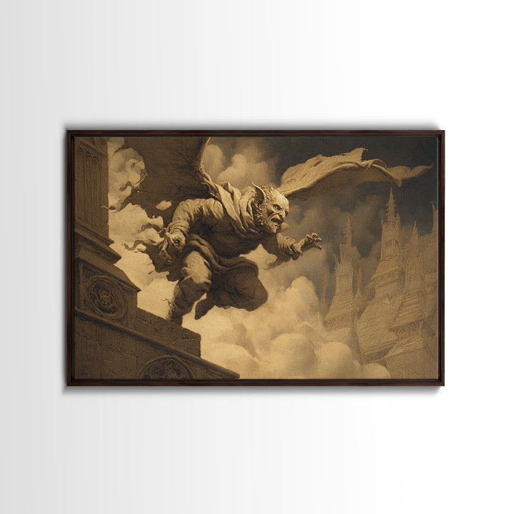 The Gargoyle Sentinel, Romantic Gothic Landscape, Landscape Wall Art, Gothic Horror Wall Art, Canvas Print, Halloween Wall Art