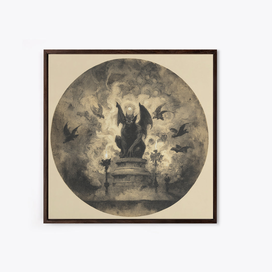 The Gargoyle Sentinel, Symbolist Dream Art, Square Wall Art, Dark Halloween Decor, Framed Canvas Print, Halloween Wall Art