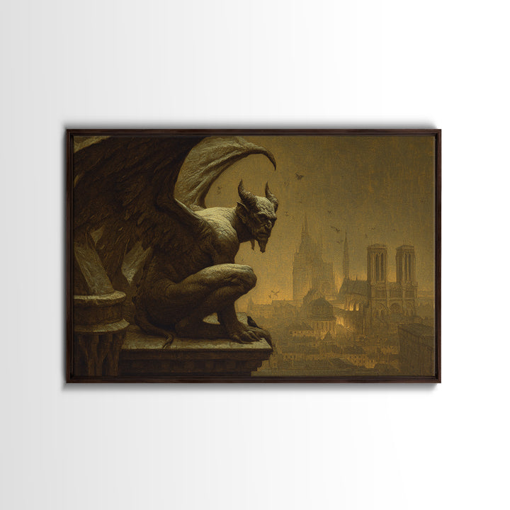 The Gargoyle Sentinel, Symbolist Gothic Landscape, Landscape Wall Art, Dark Halloween Decor, Framed Canvas Print, Halloween Wall Art