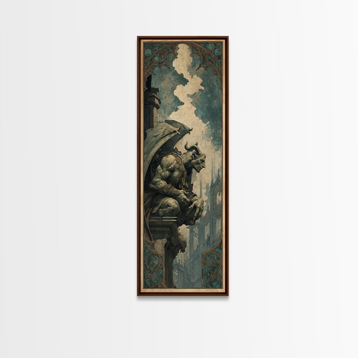 The Gargoyle Sentinel, Ornate Symbolist Art, Tall Narrow Wall Art, Dark Halloween Decor, Framed Canvas Print, Halloween Wall Art