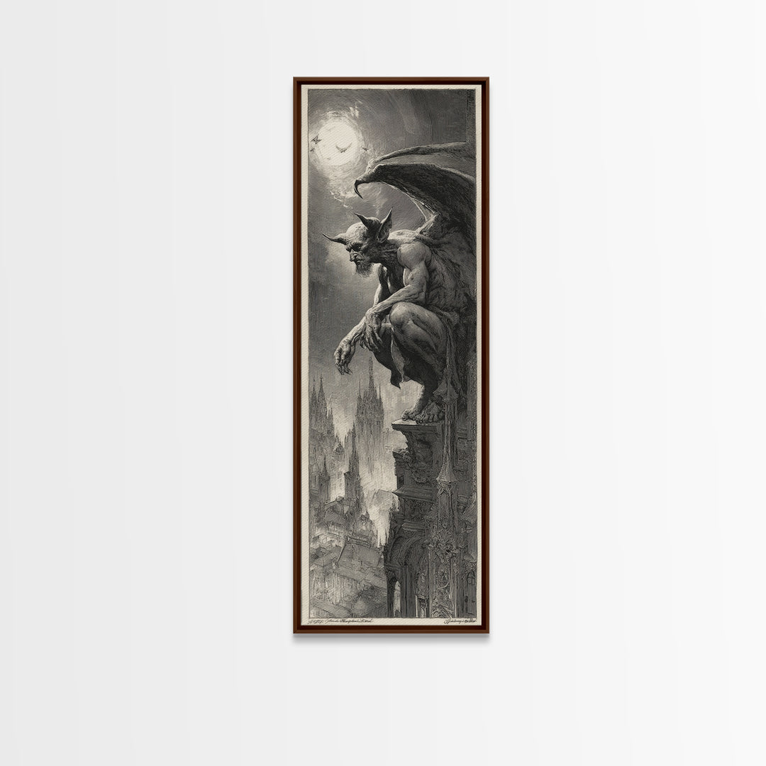 The Gargoyle Sentinel, Decadent Gothic Art, Tall Narrow Wall Art, Macabre Wall Art, Canvas Print, Halloween Wall Art