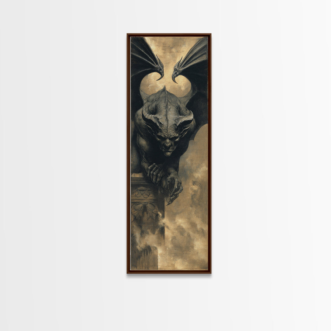 The Gargoyle Sentinel, Dark Symbolist Art, Tall Narrow Wall Art, Gothic Horror Wall Art, Canvas Print, Halloween Wall Art