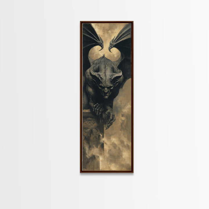 The Gargoyle Sentinel, Dark Symbolist Art, Tall Narrow Wall Art, Gothic Horror Wall Art, Canvas Print, Halloween Wall Art