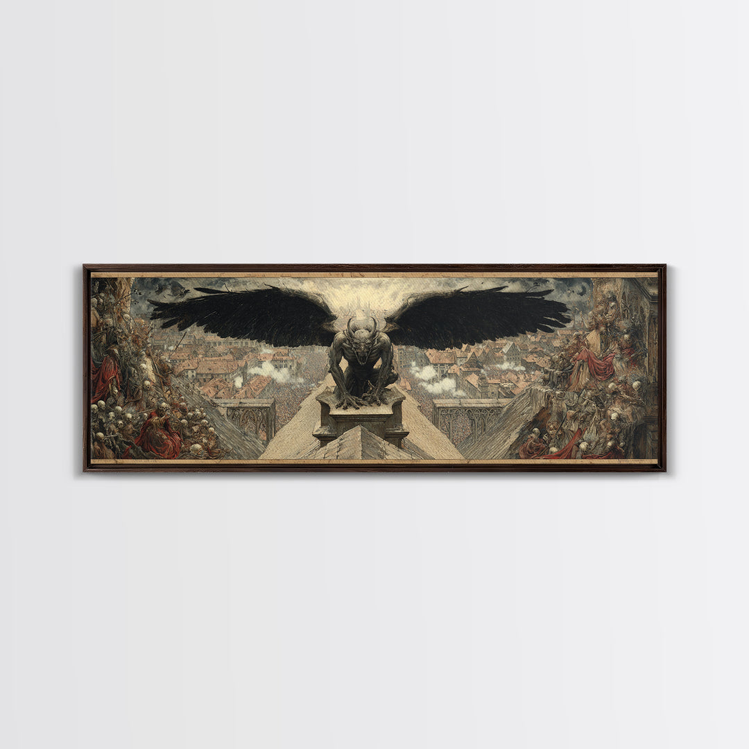 The Gargoyle Sentinel, Grotesque Carnival Art, Extra Wide Wall Art, Gothic Horror Wall Art, Canvas Print, Halloween Wall Art