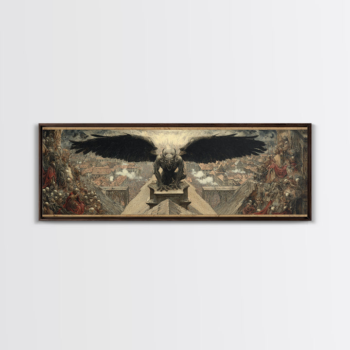 The Gargoyle Sentinel, Grotesque Carnival Art, Extra Wide Wall Art, Gothic Horror Wall Art, Canvas Print, Halloween Wall Art