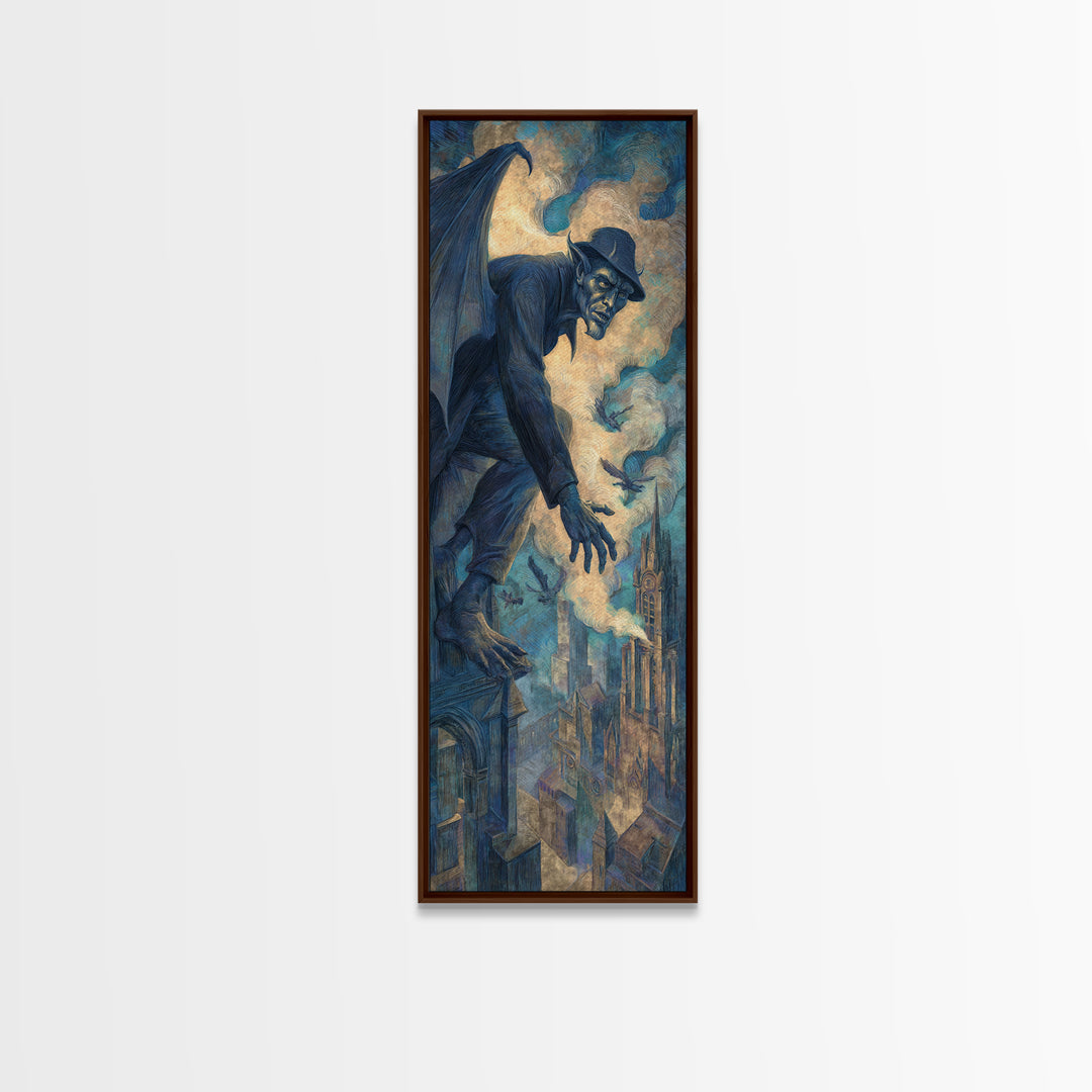 The Gargoyle Sentinel, Expressionist Gothic Art, Tall Narrow Wall Art, Macabre Wall Art, Framed Canvas Print, Halloween Wall Art