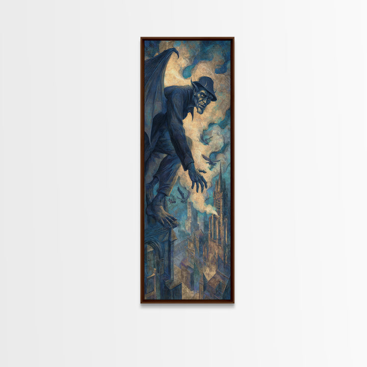 The Gargoyle Sentinel, Expressionist Gothic Art, Tall Narrow Wall Art, Macabre Wall Art, Framed Canvas Print, Halloween Wall Art