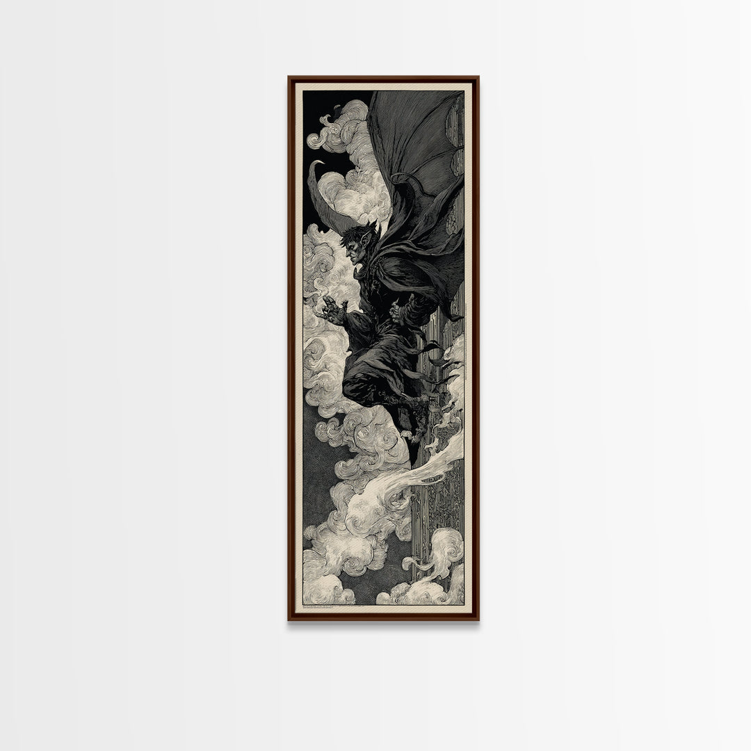 The Gargoyle Sentinel, Decadent Line Art, Tall Narrow Wall Art, Macabre Wall Art, Canvas Print, Halloween Wall Art