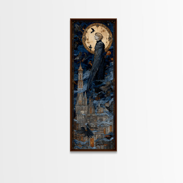 The Gargoyle Sentinel, Stained Glass Gothic Art, Tall Narrow Wall Art, Gothic Horror Wall Art, Canvas Print, Halloween Wall Art