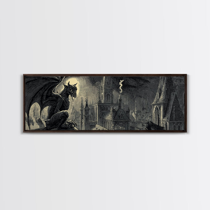 The Gargoyle Sentinel, Macabre Folk Print Art, Extra Wide Wall Art, Macabre Wall Art, Canvas Print, Halloween Wall Art