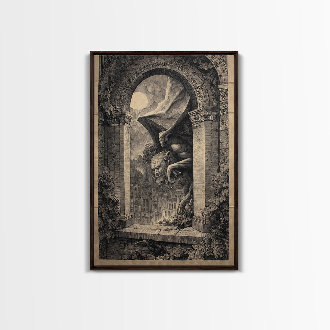 The Gargoyle Sentinel, Victorian Macabre Art, Vertical Wall Art, Dark Fantasy Wall Art, Framed Canvas Print, Halloween Wall Art