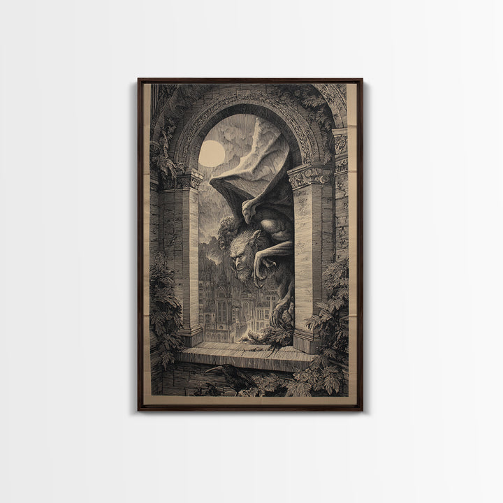The Gargoyle Sentinel, Victorian Macabre Art, Vertical Wall Art, Dark Fantasy Wall Art, Framed Canvas Print, Halloween Wall Art