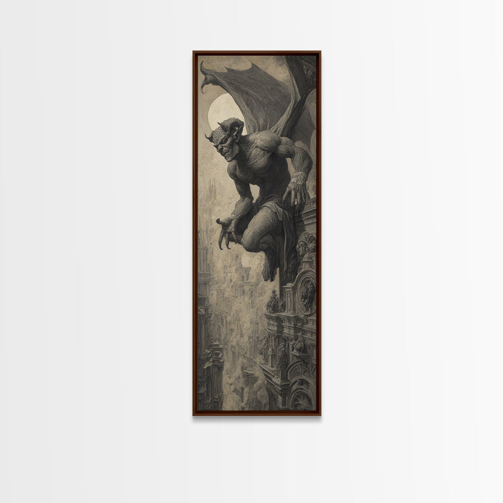 The Gargoyle Sentinel, Surreal Apocalyptic Art, Tall Narrow Wall Art, Gothic Horror Wall Art, Framed Canvas Print