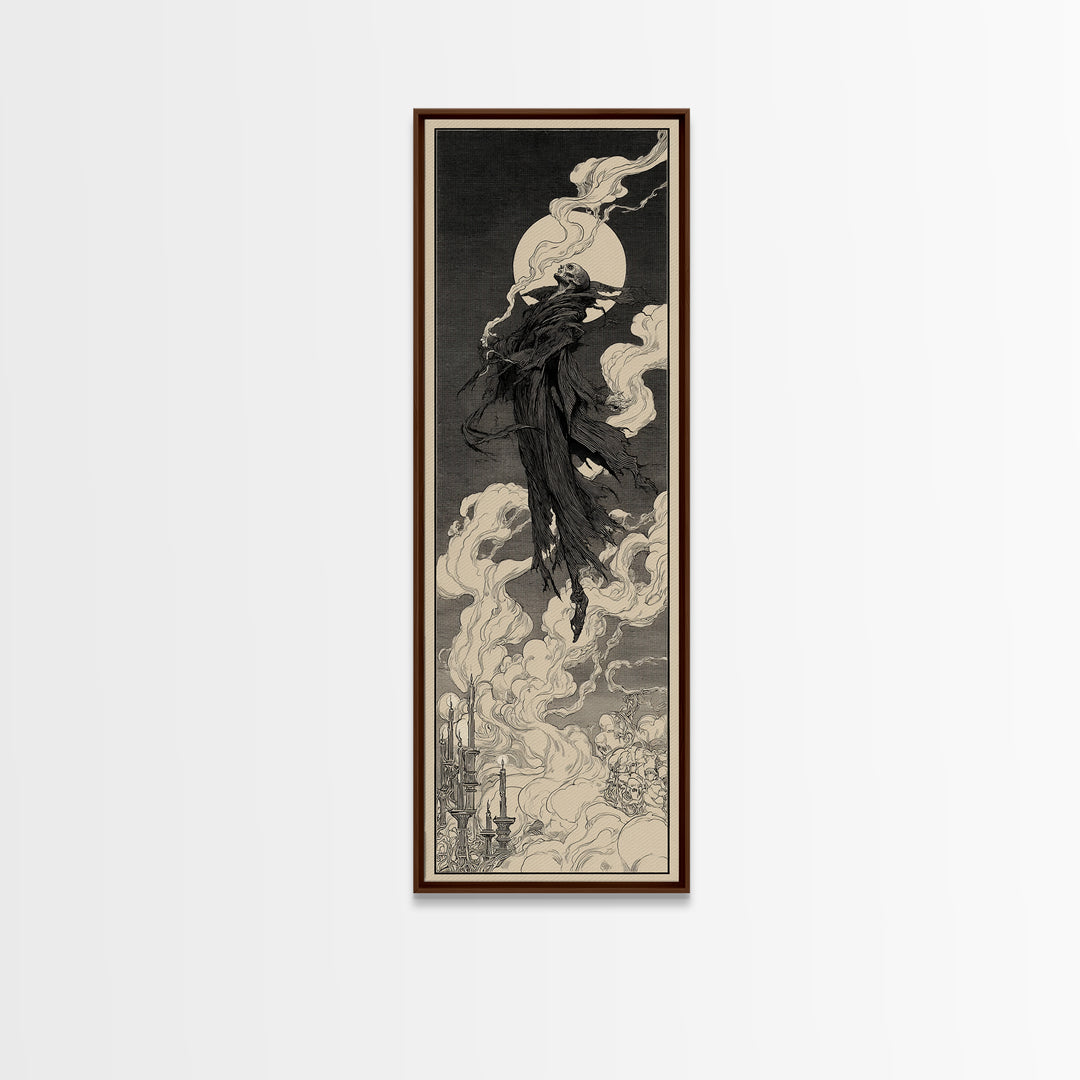The Tattered Wraith, Decadent Line Art, Tall Narrow Wall Art, Dark Halloween Decor, Framed Canvas Print, Halloween Wall Art