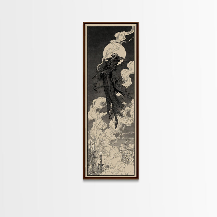 The Tattered Wraith, Decadent Line Art, Tall Narrow Wall Art, Dark Halloween Decor, Framed Canvas Print, Halloween Wall Art