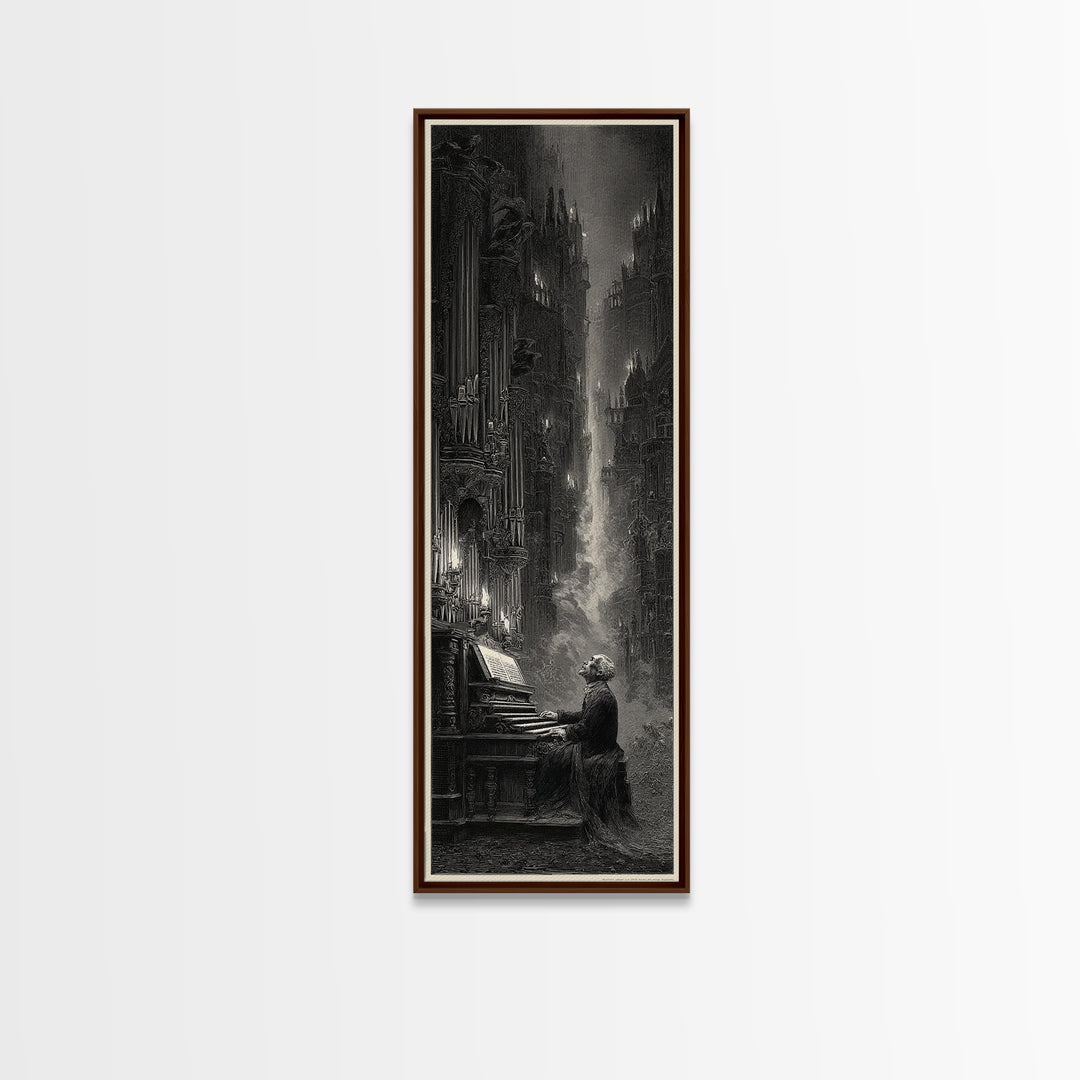 The Phantom Organist, Gothic Engraving Art, Tall Narrow Wall Art, Dark Fantasy Wall Art, Framed Canvas Print, Halloween Wall Art