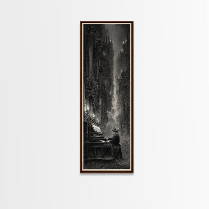 The Phantom Organist, Gothic Engraving Art, Tall Narrow Wall Art, Dark Fantasy Wall Art, Framed Canvas Print, Halloween Wall Art
