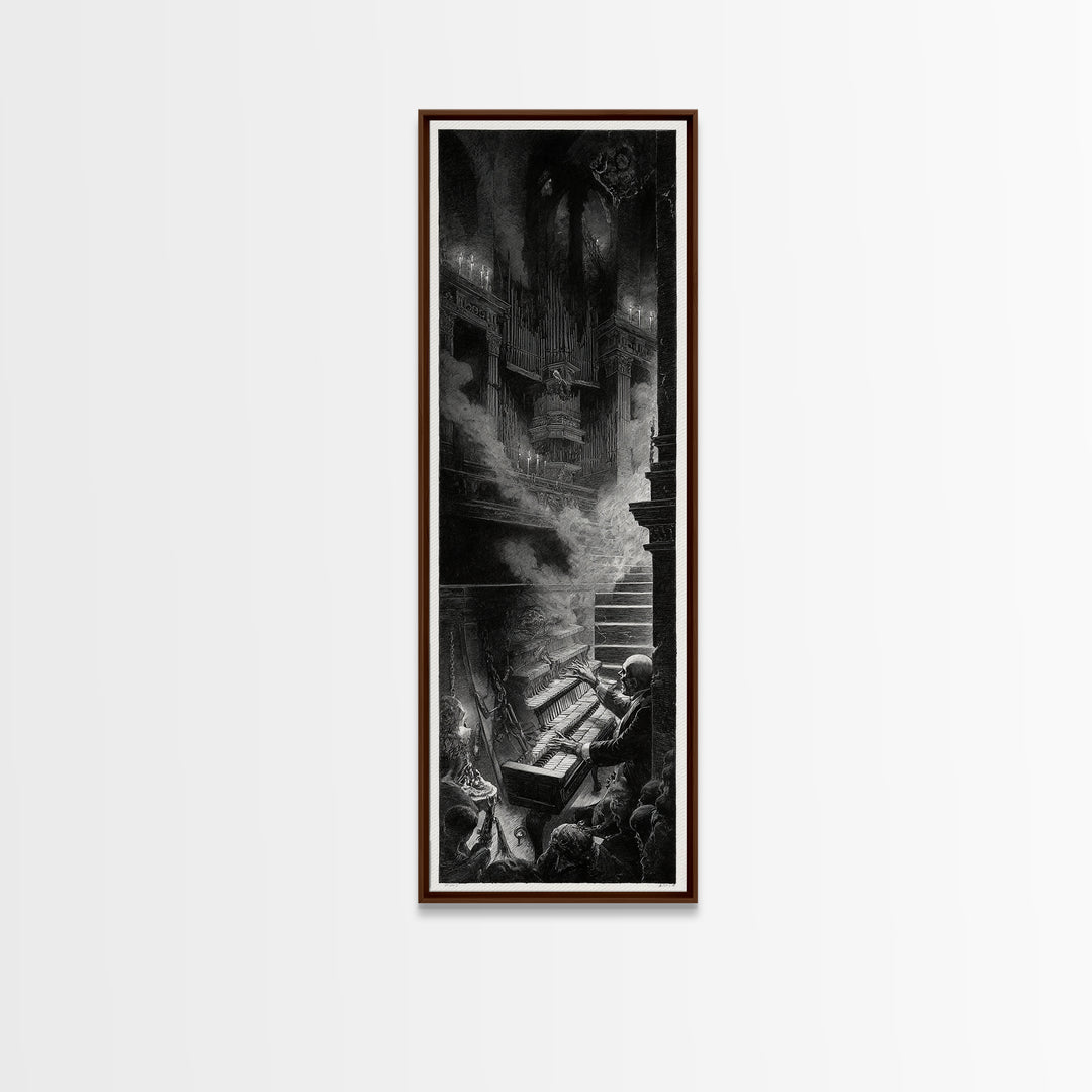 The Phantom Organist, Architectural Etching Art, Tall Narrow Wall Art, Macabre Wall Art, Canvas Print, Halloween Wall Art