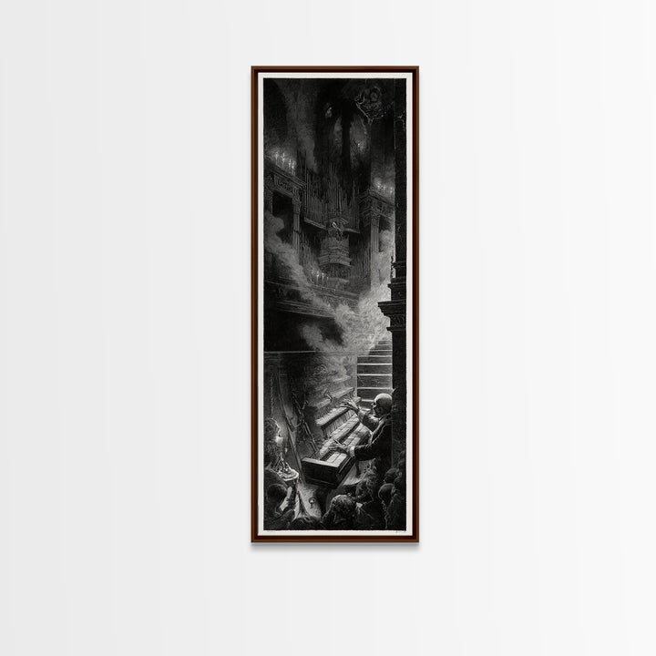 The Phantom Organist, Architectural Etching Art, Tall Narrow Wall Art, Macabre Wall Art, Canvas Print, Halloween Wall Art