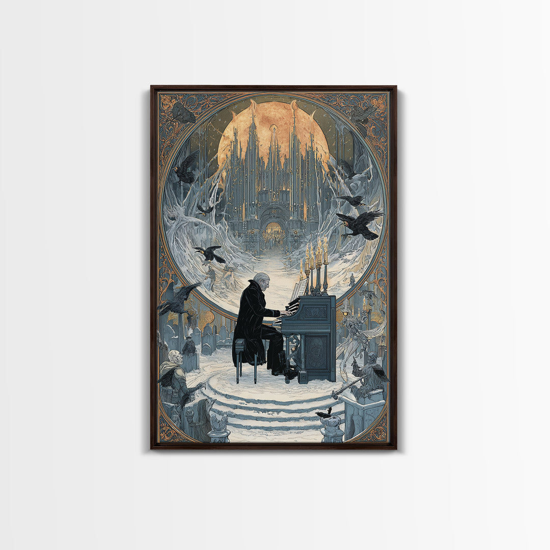 The Phantom Organist, Symbolist Death Art, Vertical Wall Art, Dark Fantasy Wall Art, Framed Canvas Print, Halloween Wall Art