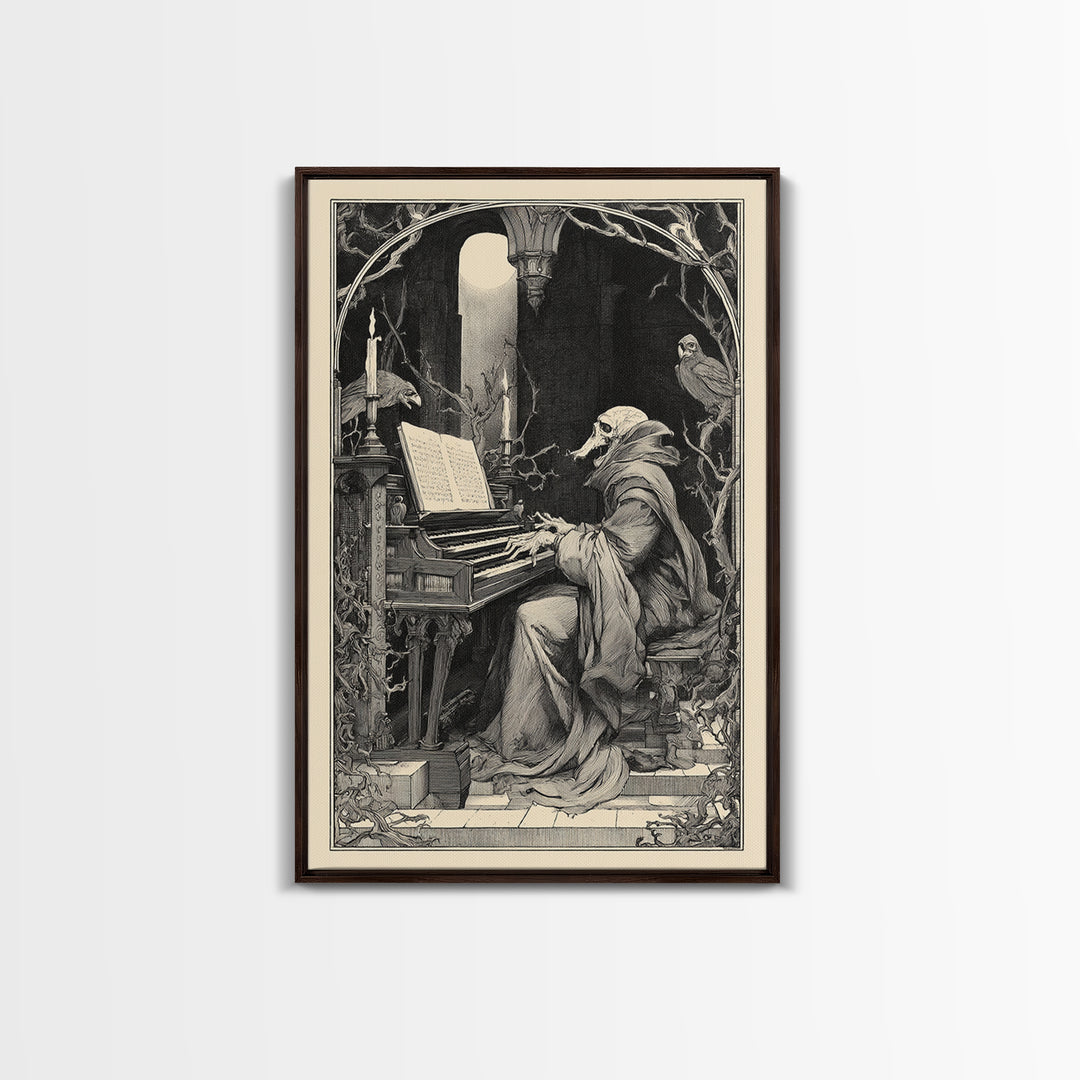 The Phantom Organist, Symbolist Etching Art, Vertical Wall Art, Dark Fantasy Wall Art, Framed Canvas Print, Halloween Wall Art