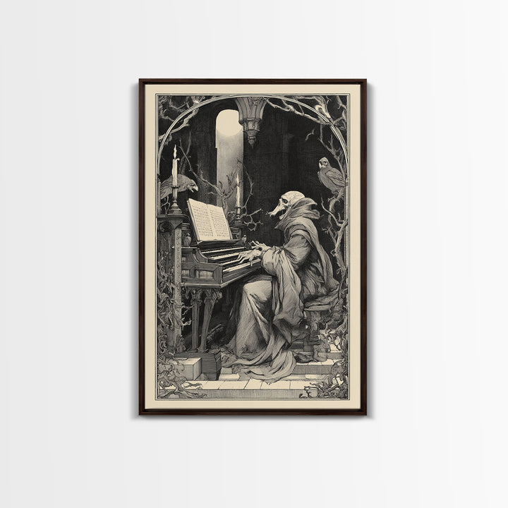 The Phantom Organist, Symbolist Etching Art, Vertical Wall Art, Dark Fantasy Wall Art, Framed Canvas Print, Halloween Wall Art