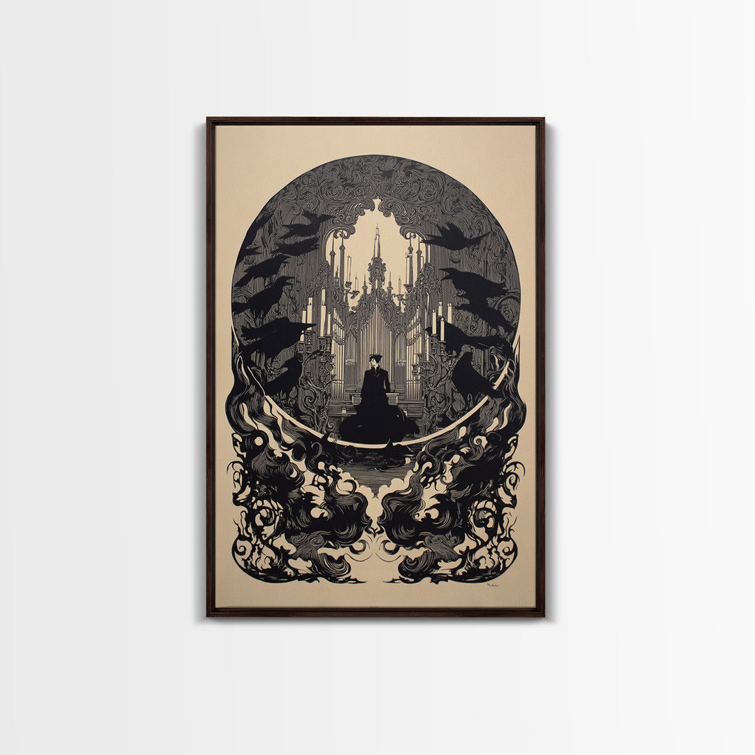 The Phantom Organist, Decadent Line Art, Vertical Wall Art, Gothic Horror Wall Art, Framed Canvas Print, Halloween Wall Art