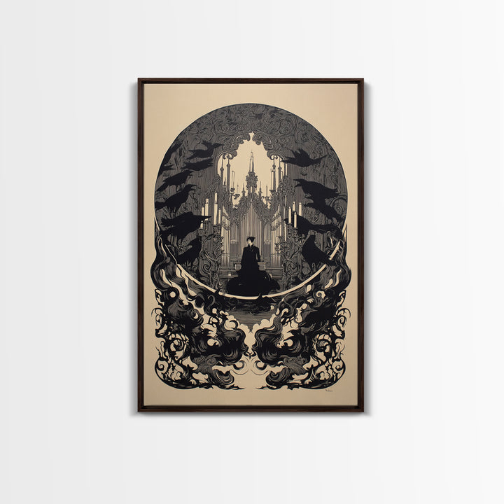 The Phantom Organist, Decadent Line Art, Vertical Wall Art, Gothic Horror Wall Art, Framed Canvas Print, Halloween Wall Art