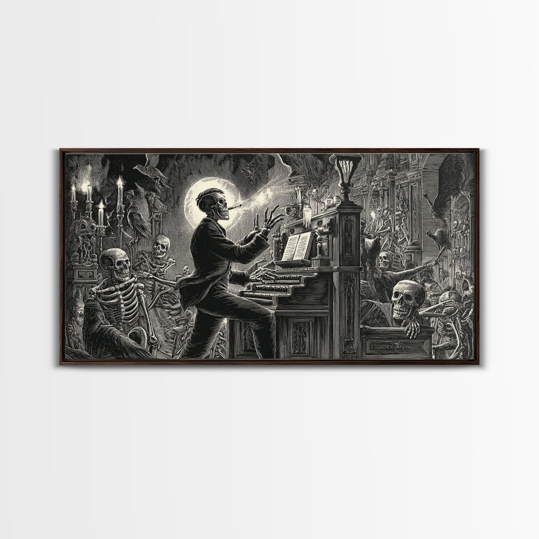 The Phantom Organist, Macabre Folk Print Art, Wide Panoramic Art, Dark Fantasy Wall Art, Framed Canvas Print, Halloween Wall Art