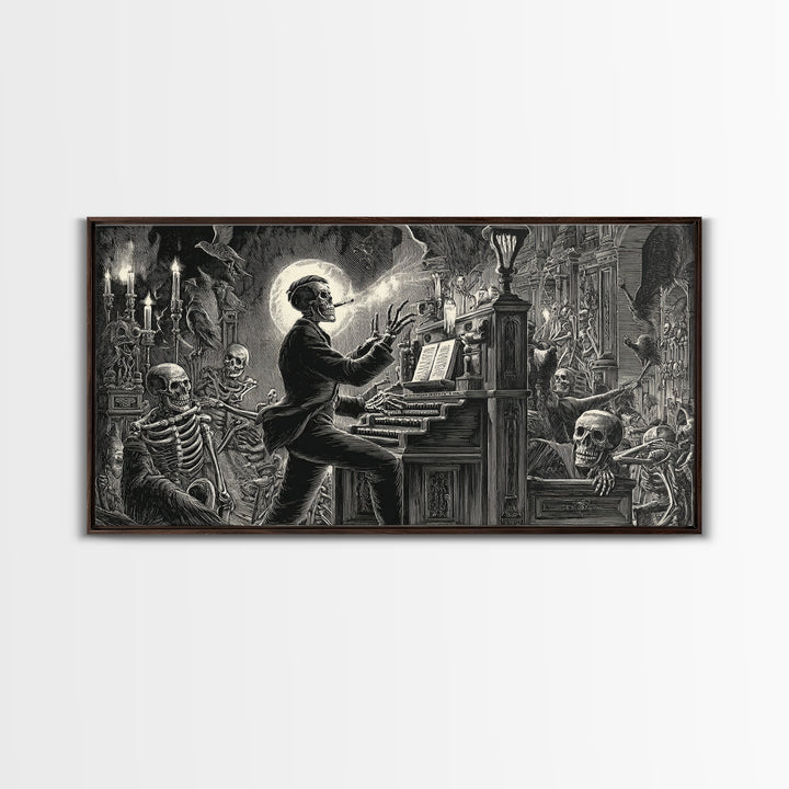 The Phantom Organist, Macabre Folk Print Art, Wide Panoramic Art, Dark Fantasy Wall Art, Framed Canvas Print, Halloween Wall Art