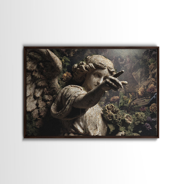 The Weeping Cemetery Angel, Medieval Grotesque Art, Landscape Wall Art, Dark Halloween Decor, Framed Canvas Print, Halloween Wall Art