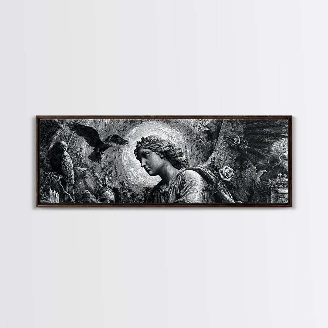 The Weeping Cemetery Angel, Renaissance Engraving Art, Extra Wide Wall Art, Dark Fantasy Wall Art, Canvas Print, Halloween Wall Art